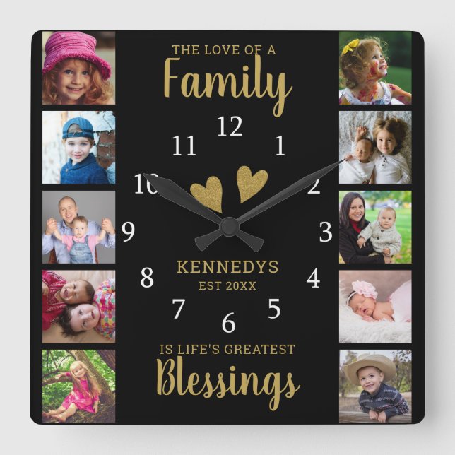 10 Square Photo Collage Family Quote Black Gold Wall Clock (Front)