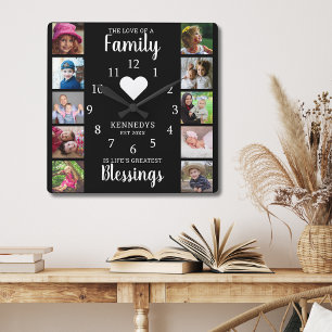 10 Square Photo Collage Family Quote Black White Wall Clock