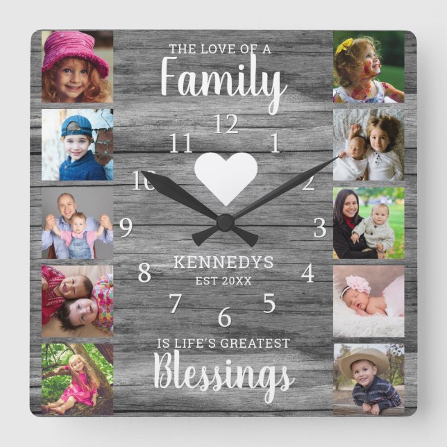10 Square Photo Collage Family Quote Grey Wood Square Wall Clock (Front)