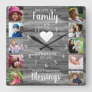 10 Square Photo Collage Family Quote Grey Wood Wall Clock