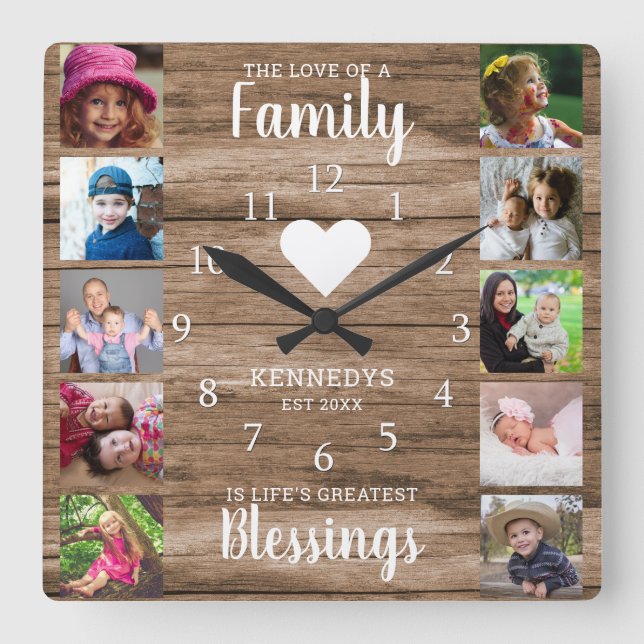 10 Square Photo Collage Family Quote Rustic Wood Wall Clock (Front)