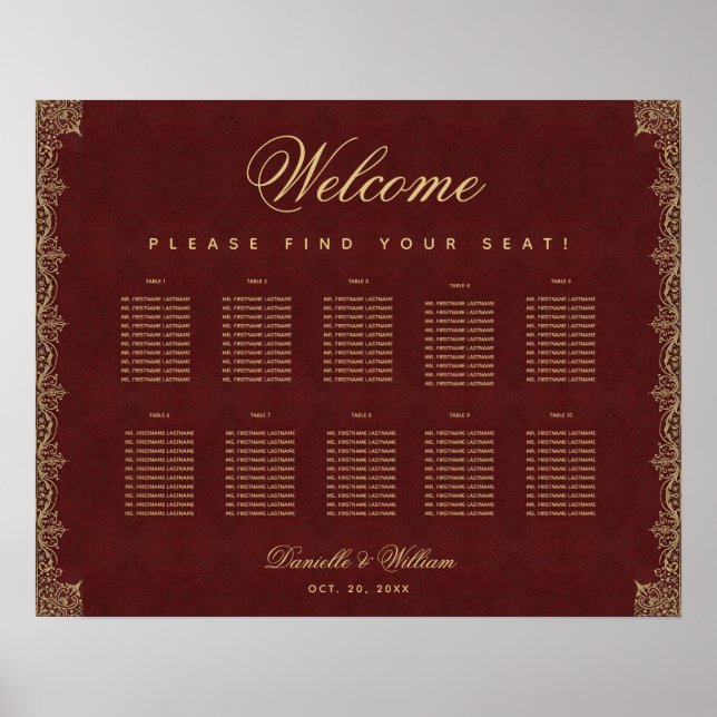 10 Table Burgundy Gold Vintage Red Seating Chart (Front)