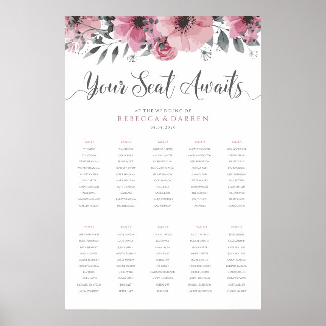 10 Table Floral Wedding Seating Chart (Front)