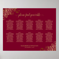 10 Table Gold Frills on Burgundy Elegant Wedding