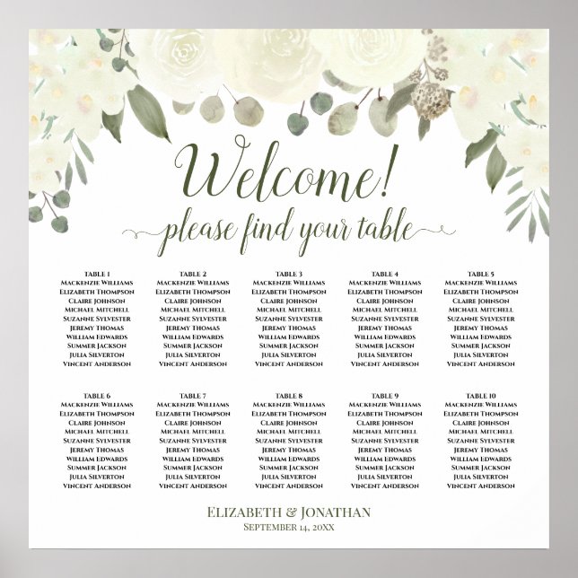 10 Table Ivory White Roses Wedding Seating Chart (Front)