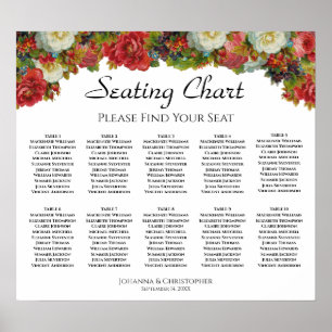 10 Table Red Vintage Floral Wedding Seating Chart