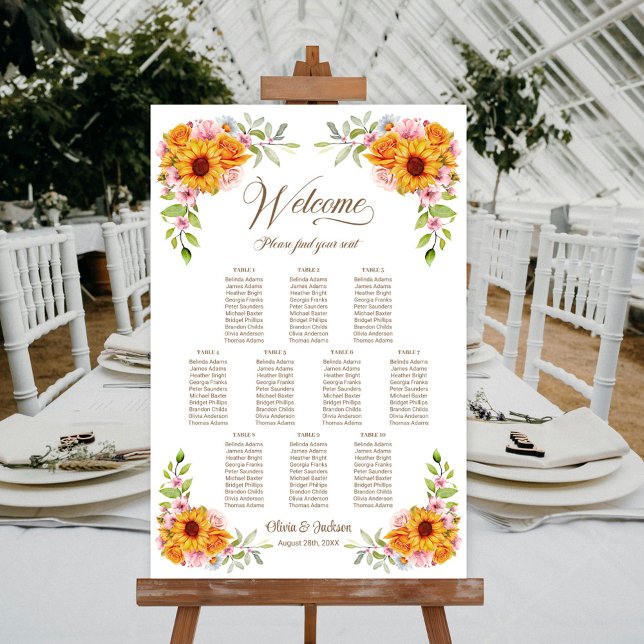 10 Table Sunflower Rose Wedding Seating Chart (Creator Uploaded)