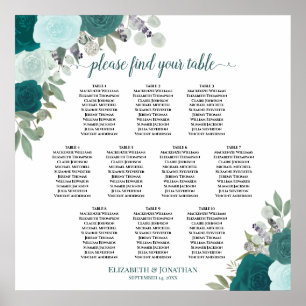 10 Table Teal Roses Elegant Wedding Seating Chart