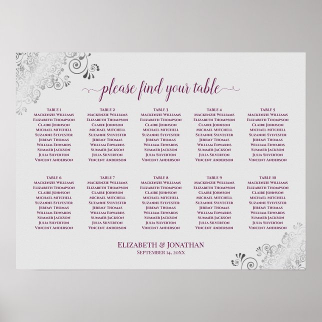 10 Table Wedding Seating Chart Cassis on Grey (Front)