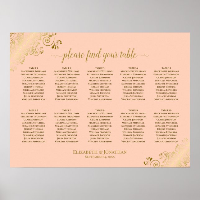 10 Table Wedding Seating Chart Coral Peach & Gold (Front)