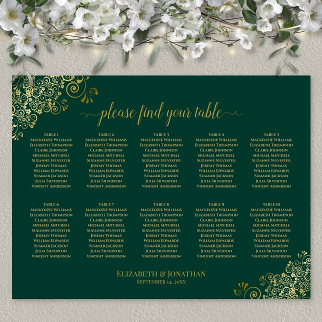 10 Table Wedding Seating Chart Emerald Green Gold (In Situ on Wall with Flowers)