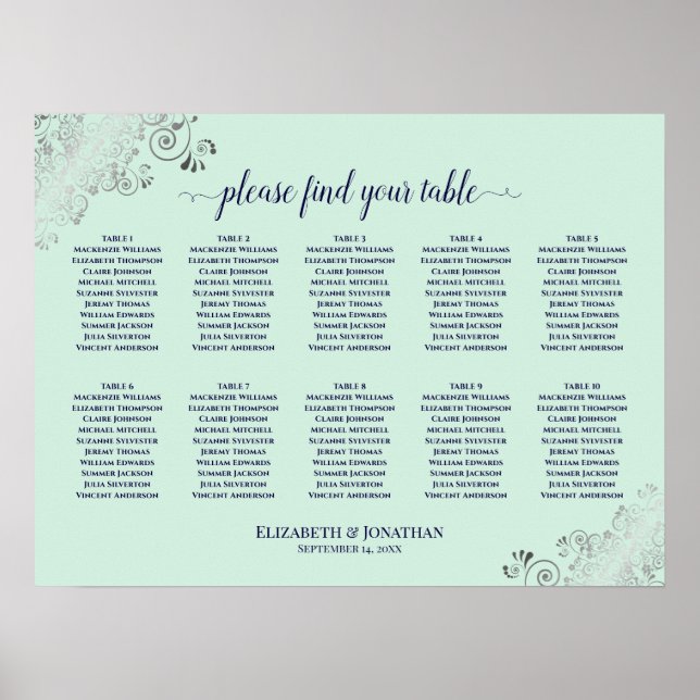 10 Table Wedding Seating Chart Mint Green & Navy (Front)