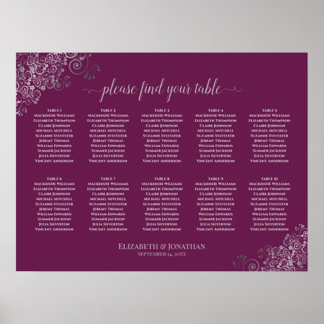 10 Table Wedding Seating Chart Silver Magenta Plum (Front)