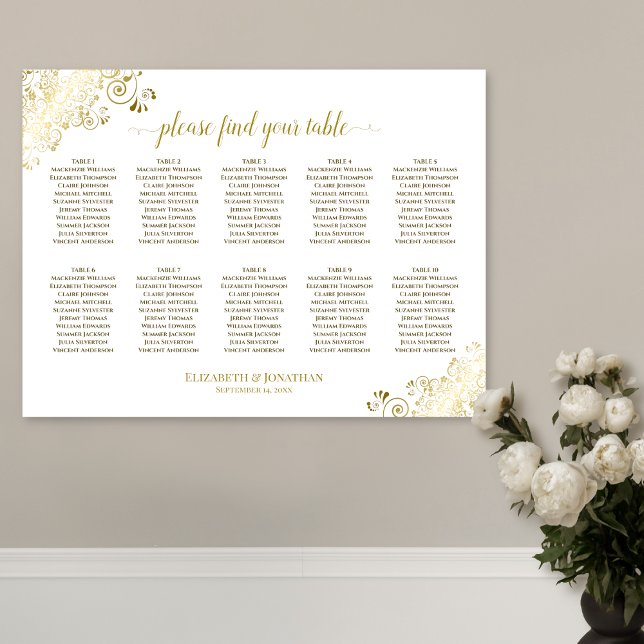 10 Table Wedding Seating Chart White & Gold Frills (In Situ on Wall)