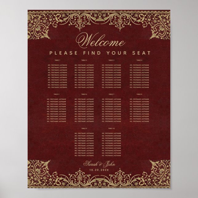 10 Tables Burgundy and Gold Wedding Seating Chart (Front)