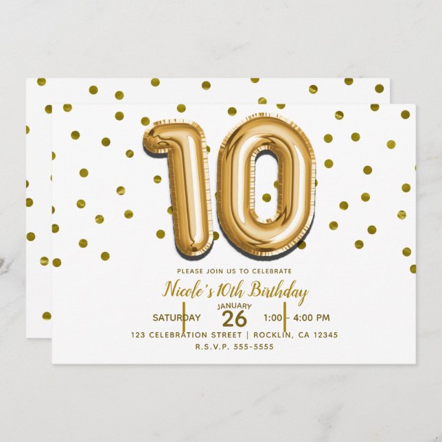 10 Ten Gold Balloon Confetti 10th Birthday Party Invitation (Front/Back)