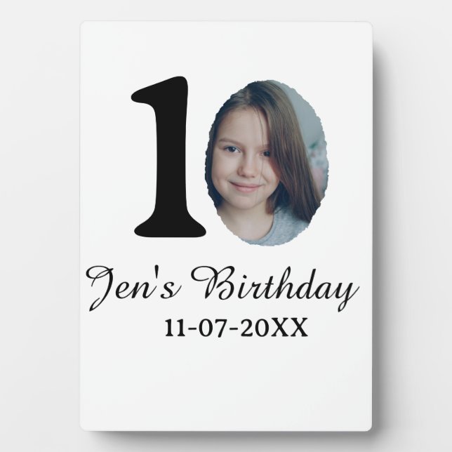 10 th birthday photo bold letter kids name date st plaque (Front)
