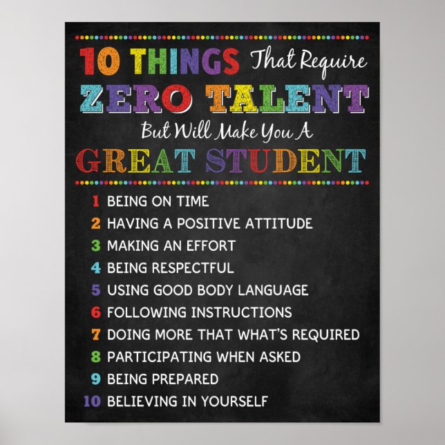 10 Things To Be A great Student Classroom Poster (Front)