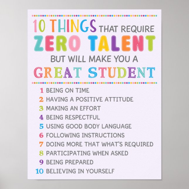 10 Things To Be A great Student Classroom Poster (Front)