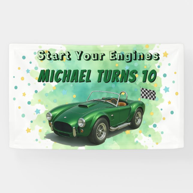 10 Year Old Birthday Party Green Racing Car Banner (Horizontal)