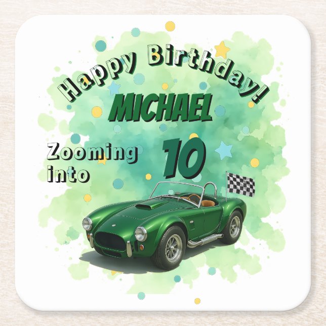 10 Year Old Birthday Party Green Racing Car Square Paper Coaster (Front)