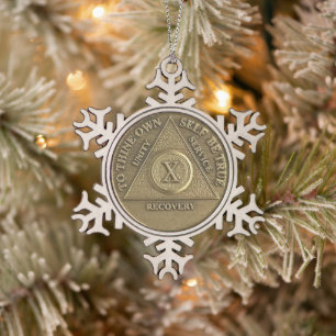 10 Year Sober Anniversary Medallion Snowflake Pewter Christmas Ornament