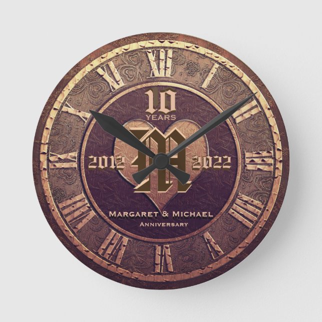 10 Year Vintage Copper Look Wedding Anniversary Round Clock (Front)
