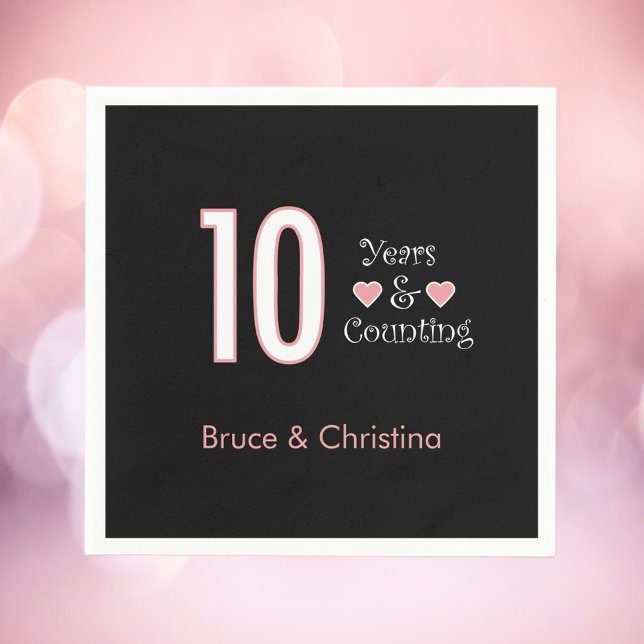 10 years and counting anniversary personalise napkin (A 10th anniversary paper napkin that says 10 years and counting.  The names can be personalize.)