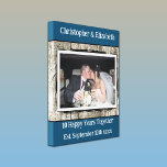 10 years anniversary photo faux wood grey blue canvas print<br><div class="desc">Premium Wrapped Canvas
10th wedding anniversary gift.
Add names,  established date and a photo.
10 happy years together (tin)
Rustic faux wood background.
Grey,  blue and white.</div>