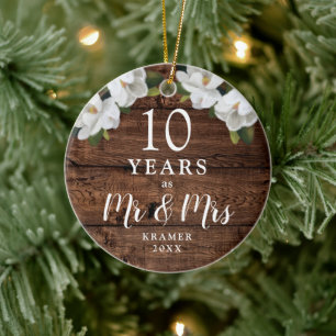 10 Years as Mr Mrs Personalised Rustic Anniversary Ceramic Tree Decoration