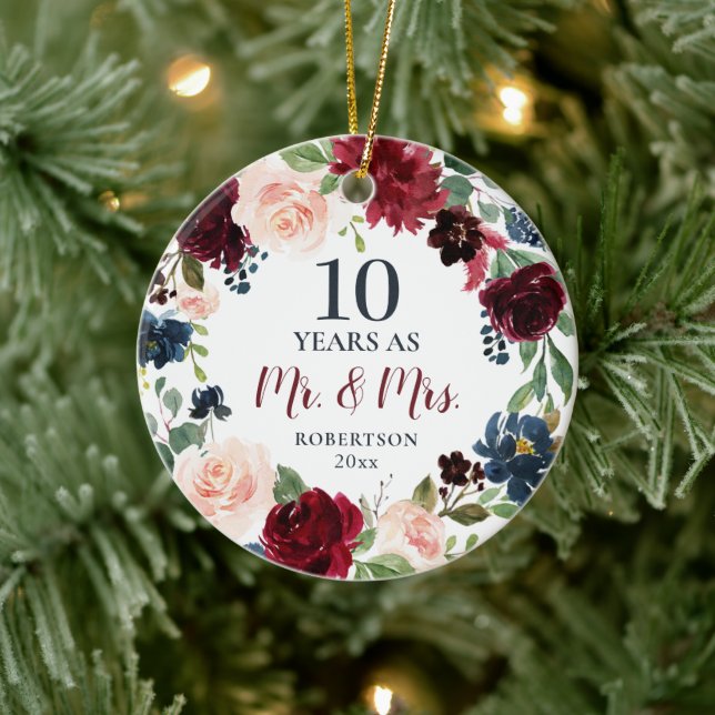 10 Years As Mr & Mrs Personalised Rustic Floral Ceramic Tree Decoration (Tree)
