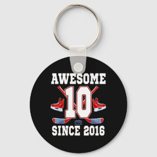 10 Years Awesome Since 2016 Hockey Theme Birthday Key Ring