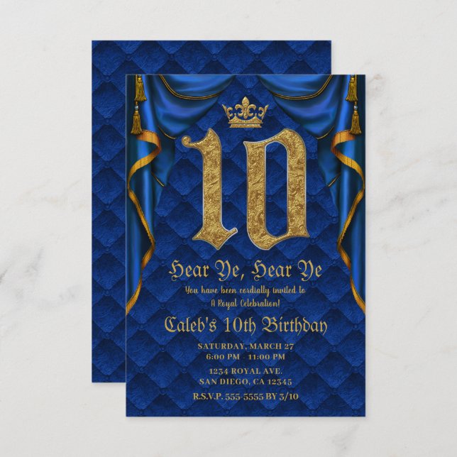 10TH 10 Birthday Party Royal Blue Gold Crown   Invitation (Front/Back)