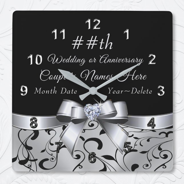10th, 25th, 60 Year Anniversary Gifts or ANY YEAR Square Wall Clock (Personalized Wedding Gift Clock. 60 year wedding anniversary gifts. 75 year, 10 year anniversary. )