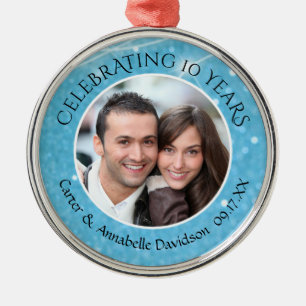 10th Anniversary Blue Sparkle Photo Personalised Metal Tree Decoration