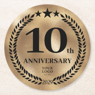 10th Anniversary Business Logo Gold Round Paper Coaster