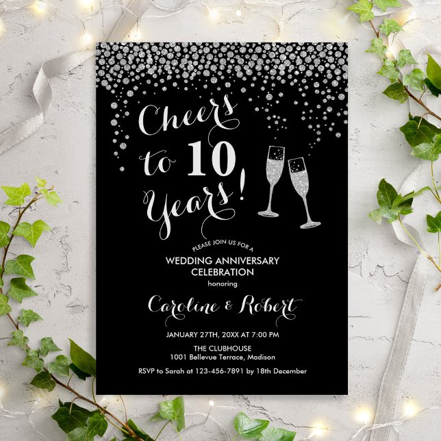 10th Anniversary - Cheers to 10 Years Silver Black Invitation (Creator Uploaded)
