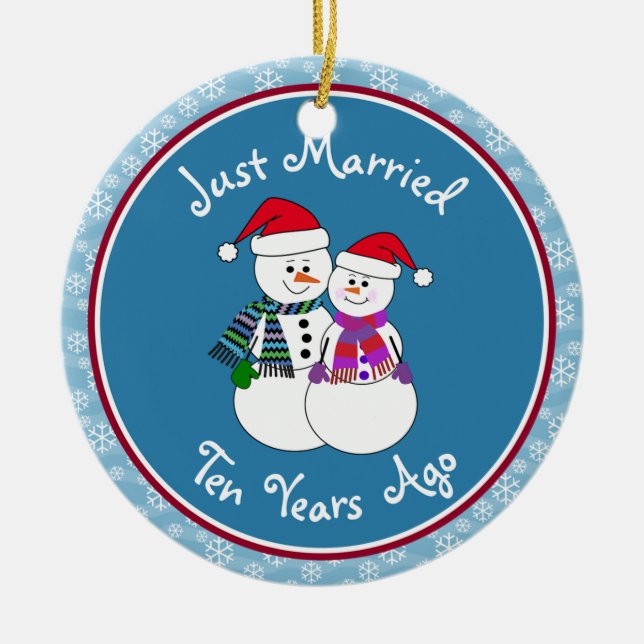 10th Anniversary Gift Fun Snow Couple Christmas Ceramic Tree Decoration (Front)