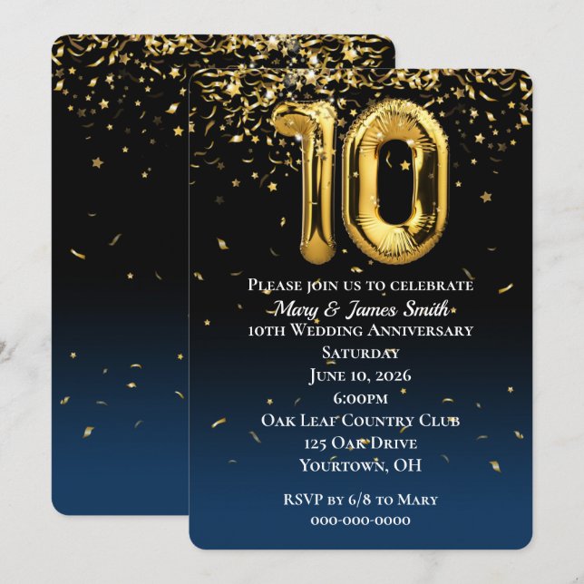 10th Anniversary Gold Balloons Confetti Invitation (Front/Back)