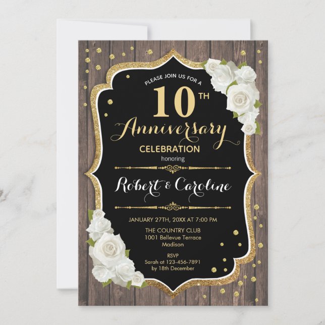 10th Anniversary Invitation - Rustic Wood Gold (Front)