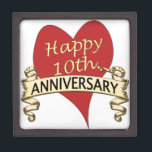 10th. Anniversary Jewellery Box<br><div class="desc">A red heart and golden ribbon to celebrate a 10th. anniversary</div>