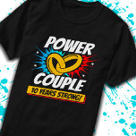 10th Anniversary Married Couples 10 Years Strong T-Shirt<br><div class="desc">This fun 10th wedding anniversary design is perfect for couples married 10 years to celebrate their marriage! Great to celebrate with your husband or wife or for your parent's 10 year wedding anniversary party! Features "Power Couple - 10 Years Strong!" wedding anniversary quote w/ joined wedding rings in a blast...</div>