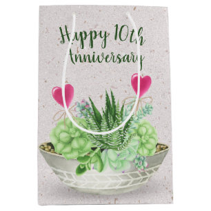 10th Anniversary Pink Hearts in Succulents Medium Gift Bag