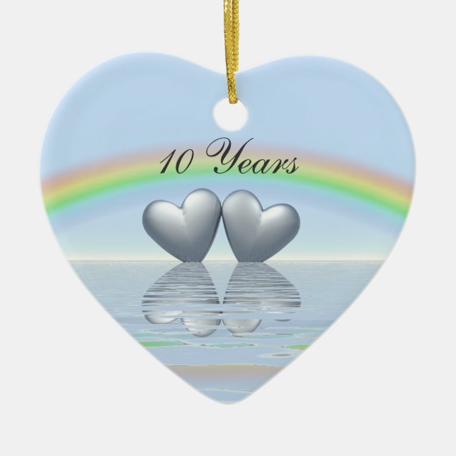 10th Anniversary Tin Hearts Ceramic Tree Decoration (Front)