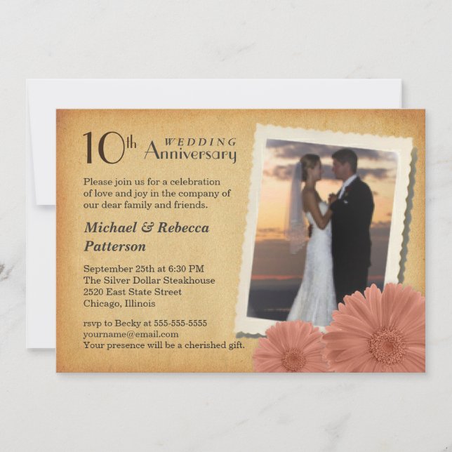 10th Anniversary Vintage Daisy Photo Invitations (Front)