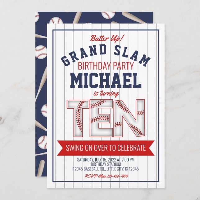 10th Baseball Birthday Invitation (Front/Back)