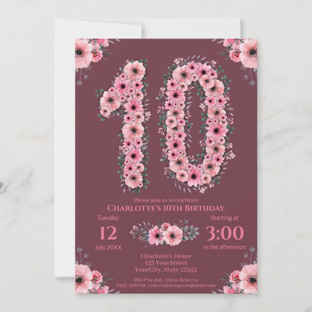 10th Big Birthday Girl Pink Flowers Green Foliage Invitation (Front)