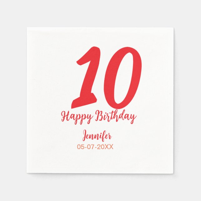 10th birthday add name date year red template  napkin (Front)