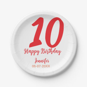 10th birthday add name date year red template paper plate