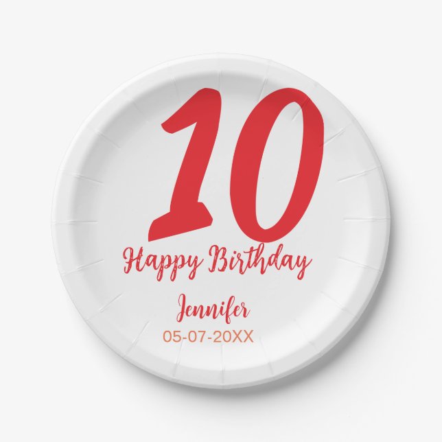 10th birthday add name date year red template  paper plate (Front)